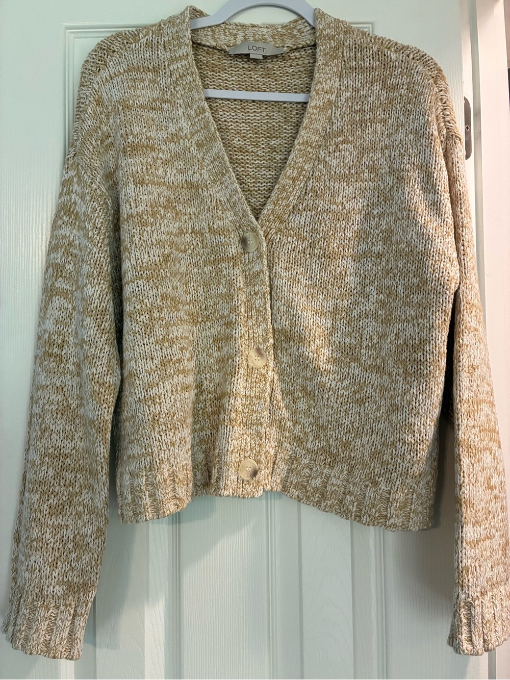 LOFT Cream and Tan Marled V-Neck Button Front Cardigan